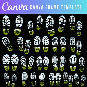 Puede incluir: Una colección de 36 huellas de botas blancas sobre un fondo negro. Las huellas están dispuestas en filas y columnas, con algunas huellas superpuestas. Las huellas son de diferentes tamaños y formas, y algunas tienen un patrón de hierba verde en la parte inferior.