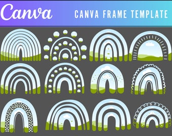 May include: A set of 10 rainbow frame templates with different designs. Each frame features a rainbow arch with a blue sky and green grass background. The designs include polka dots, clouds, and other patterns.