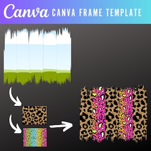 May include: A digital design template featuring a layered, torn, and distressed look. The design includes a leopard print with gold glitter accents, a pink and green leopard print with gold glitter accents, and a rainbow-colored leopard print with gold glitter accents. The template is perfect for creating custom designs for social media, invitations, or other projects.