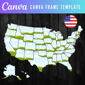 Canva Rahmen Vorlage, Füllen Sie Ihre eigenen 50 US Bundesstaaten auf Canva, USA CANVA Rahmen Bundle, Ziehen und ablegen, Kartendesigns