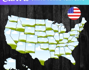 Canva lijstsjabloon, vul je eigen 50 staten van Amerika op canvas, kaart Verenigde Staten CANVA lijstbundel, slepen en neerzetten, kaartontwerpen