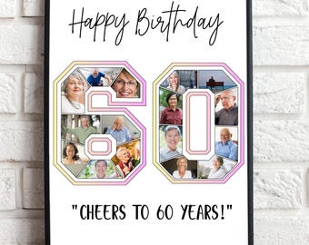 60th Birthday Photo Collage Canva Template – Custom Number 60 Collage, Personalized 60th Birthday Gift for Her or Him, Canva Template