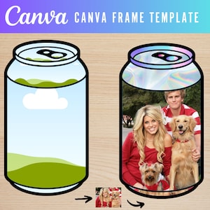 May include: A Canva frame template featuring a customizable can design. The left can has a blue and green landscape design. The right can has a holographic finish and a photo of a couple and two dogs.