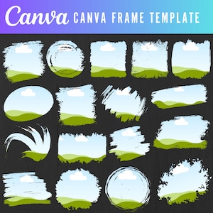 May include: A set of 16 grunge style frames featuring a landscape scene of a green hill and blue sky with white clouds. The frames are in various shapes and sizes, including circles, squares, and rectangles.