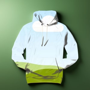 May include: A light blue hooded sweatshirt with a white cloud graphic and a green landscape design on the bottom.