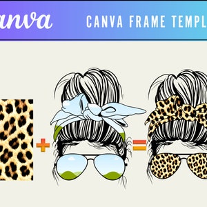 May include: Two illustrations of women with messy buns, one with a blue bandana and the other with a leopard print bandana. Both women are wearing sunglasses, one with a blue sky reflection and the other with a leopard print pattern. A leopard print pattern is shown in the background.