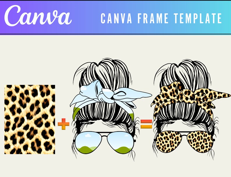 May include: Two illustrations of women with messy buns, one with a blue bandana and the other with a leopard print bandana. Both women are wearing sunglasses, one with a blue sky reflection and the other with a leopard print pattern. A leopard print pattern is shown in the background.