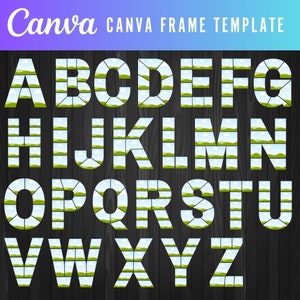 May include: A set of alphabet letters A through Z, each letter is made up of a grid of squares, each square contains a different image of a landscape with green grass, blue sky, and white clouds.