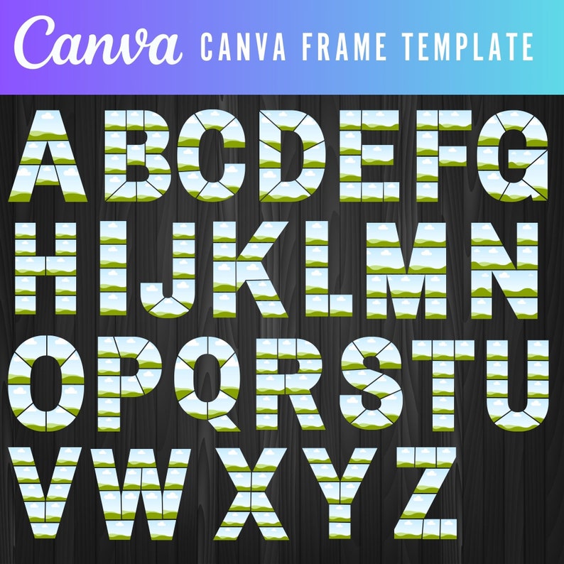 May include: A set of alphabet letters A through Z, each letter is made up of a grid of squares, each square contains a different image of a landscape with green grass, blue sky, and white clouds.