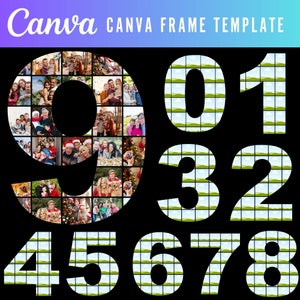 Canva Frames Vorlagen, bearbeitbare Canva-Vorlage für einen nummerierten Fotocollagenrahmen: 0-9, ideal für Geburtstage, Jubiläen, Geschichten