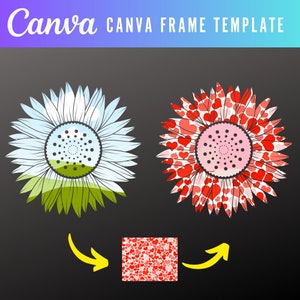 May include: Two sunflower-shaped frames, one with a blue sky and green grass background, the other with a red and white heart pattern. The heart pattern is shown as a separate tile below the frames.