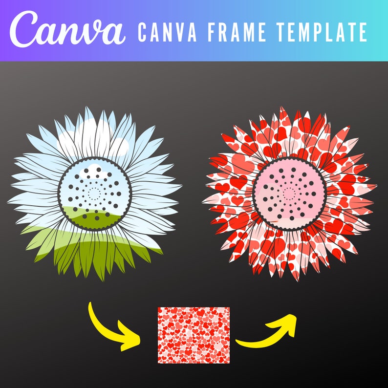 May include: Two sunflower-shaped frames, one with a blue sky and green grass background, the other with a red and white heart pattern. The heart pattern is shown as a separate tile below the frames.