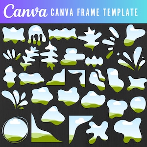 Puede incluir: Un conjunto de 30 plantillas de marcos Canva con diferentes formas y diseños, incluyendo nubes, árboles y formas abstractas. Los marcos son de varios colores, incluyendo verde, azul y blanco. Los marcos son perfectos para agregar un toque de fantasía a tus diseños.