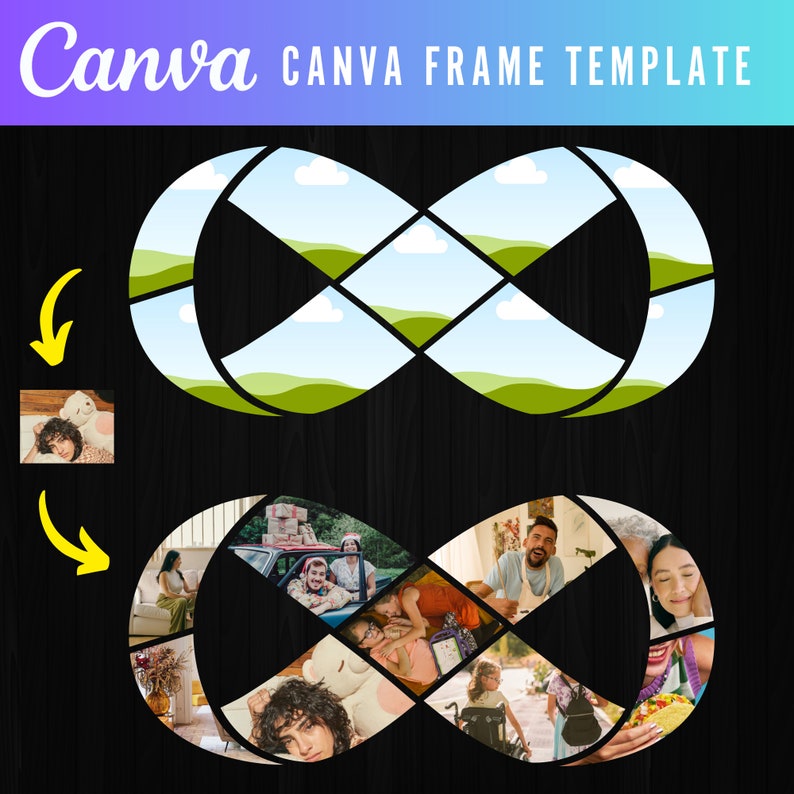 Peut inclure: Un mod&egrave;le de cadre Canva avec un design en forme de symbole d'infini. Le cadre est divis&eacute; en 12 sections, chacune pouvant &ecirc;tre remplie d'une photo. Le mod&egrave;le est parfait pour cr&eacute;er un collage de souvenirs ou pour mettre en valeur une collection de photos.