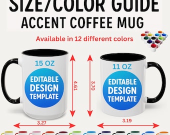 Guida alle dimensioni della tazza Accent, modello Canva, tabella delle dimensioni della tazza bicolore per Printify, mockup di tazza in ceramica da 11 oz e 15 oz, grafico delle dimensioni modificabile