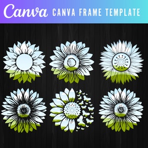 Puede incluir: Conjunto de seis plantillas de marco de girasol con un fondo de cielo azul y hierba verde. Los girasoles son blancos con centros negros y hojas verdes. Algunos de los girasoles tienen mariposas volando a su alrededor.