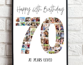 Canva-mall för fotokollage till 70-årsdag – Anpassat collage med nummer 70, personlig 70-årspresent, redigerbar Canva-mall