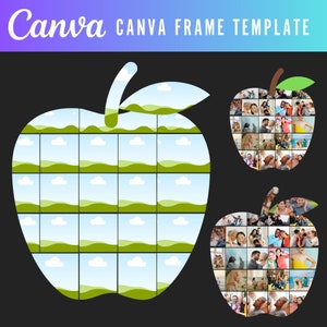 May include: A green apple shaped photo collage frame template with 36 individual photo spaces. The frame is designed to look like a green apple with a blue sky and white clouds in each photo space.