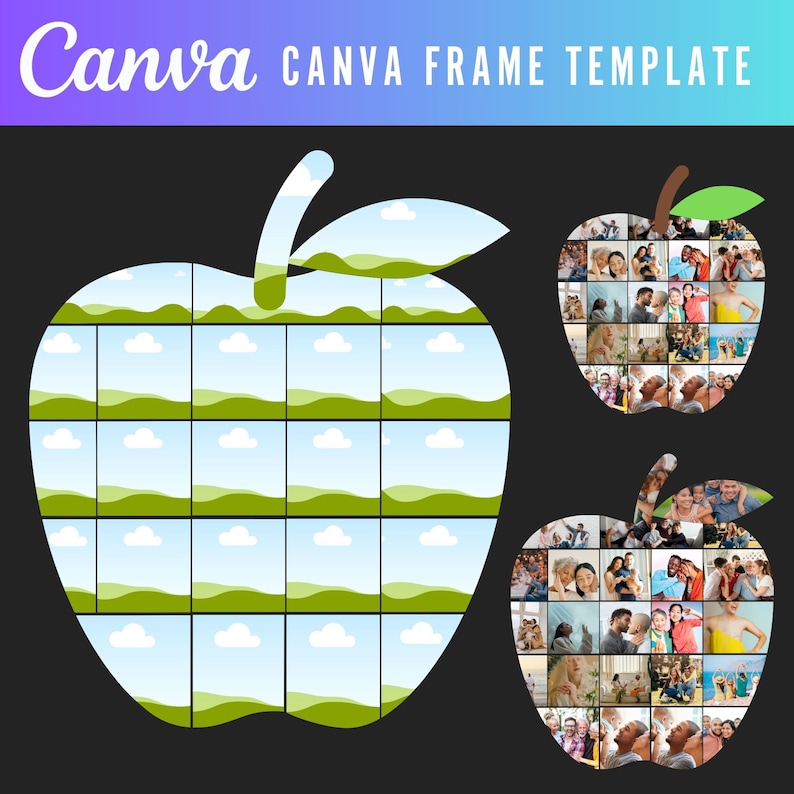 Op de afbeelding: Een groene, appelvormige fotocollage-raamtemplate met 36 individuele fotoplekken. Het frame is ontworpen om eruit te zien als een groene appel met een blauwe lucht en witte wolken in elke fotoplek.