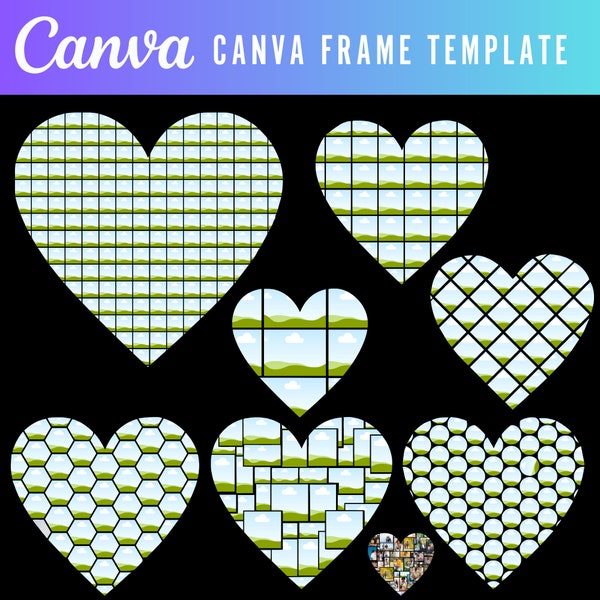 Modèles de cadres Canva, modèle de toile de collage de photos de coeur, modèle de cadre de toile de toile Cdr, remplissage de photo de conception de toile éditable de téléchargement de fichier numérique