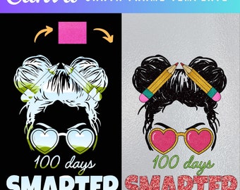 May include: A black and white graphic design of a girl with two messy buns, wearing heart-shaped sunglasses and pencils in her hair. The text "100 days smarter" is written below the image. The design is on a black background.