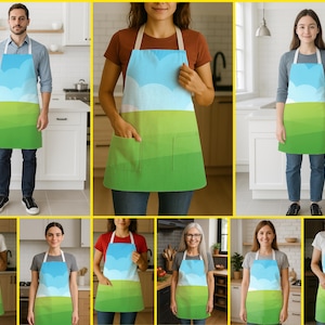 May include: Aprons with a landscape design featuring a blue sky and green fields. The aprons have a white neck strap and a pocket. The aprons are worn by several people in a kitchen setting.