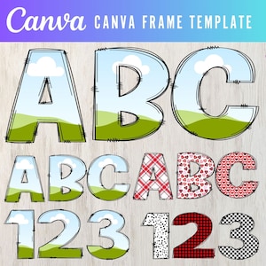 Canva Frame Doodle Alphabet UPPERCASE, e números, modelo de letras Canva editável, padrão de preenchimento personalizado, designs de moldura Canva