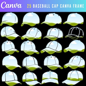 Puede incluir: 25 maquetas de gorras de béisbol con un fondo de cielo y hierba. Las gorras están en varias posiciones y ángulos. Las gorras son todas blancas con un contorno negro.