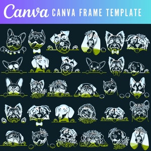 May include: A digital illustration of 30 different dog breeds peeking over a frame. The dogs are all white with black outlines and are in various poses. The background is a dark blue color.