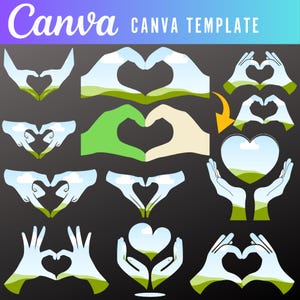 Pode incluir: Um conjunto de 10 ilustrações de mãos formando um coração com um fundo de céu e grama dentro. As ilustrações são de várias cores, incluindo verde, azul e branco.