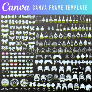 Puede incluir: Una hoja digital de más de 100 imágenes de siluetas blancas de lazos, pendientes, gafas de sol, moños y girasoles. Las imágenes están sobre un fondo gris oscuro con un degradado verde y azul en la parte superior.