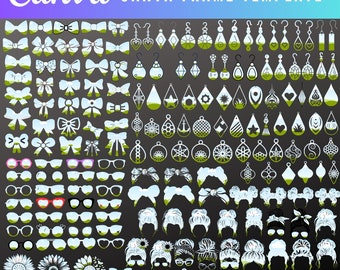 以下が含まれることがあります： 100種類以上の白いシルエット画像のデジタルシート。リボン、イヤリング、サングラス、お団子、ひまわりなど。画像は濃いグレーの背景に、緑と青のグラデーションが上部に施されています。