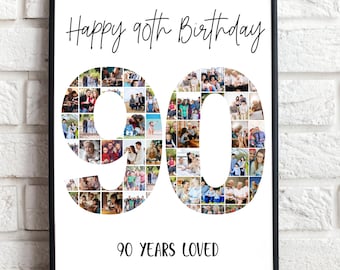 May include: A framed print with the text "Happy 90th Birthday" above a large "90" filled with multiple small photos. The text "90 YEARS LOVED" is below the number. The frame is black.