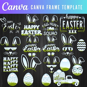 May include: A set of 12 digital clipart images featuring Easter-themed designs. The images include bunny ears, eggs, and text that says "Happy Easter". The images are in a cartoon style and are perfect for use in digital projects.