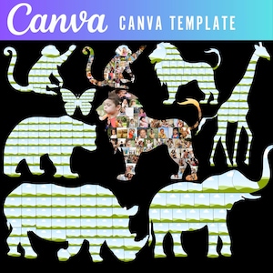 May include: A Canva template featuring a photo collage of animals. The animals are a lion, giraffe, monkey, bear, elephant, and rhinoceros. The animals are outlined in white and filled with a grid of small squares. Each square is filled with a different photo. The template is perfect for creating a unique and personalized photo collage.