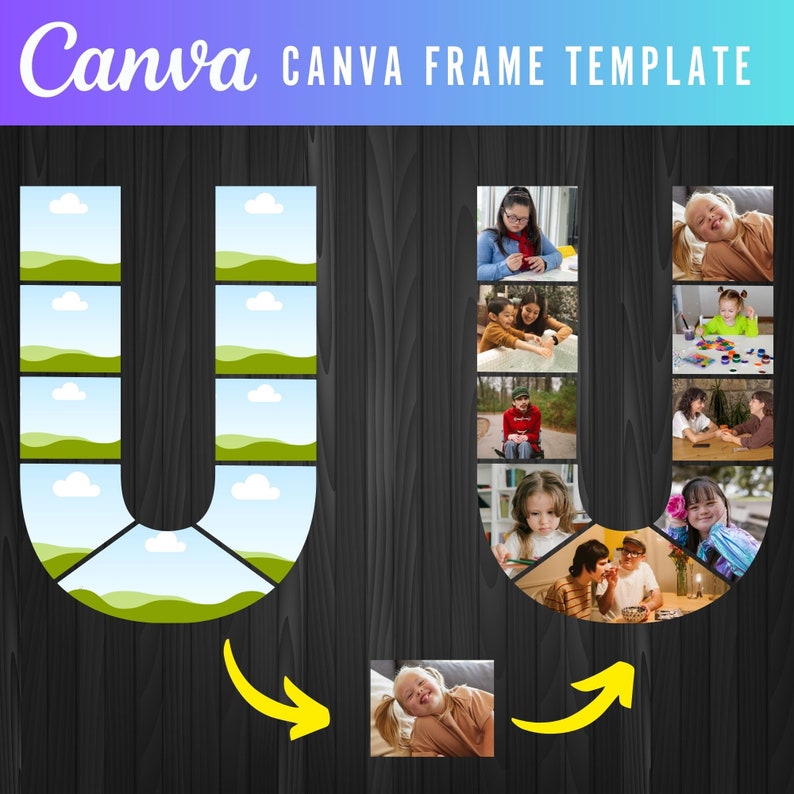 May include: A Canva frame template with a U shape made of photos. The template is designed to be used with photos of people. The photos are arranged in a grid pattern. The template is perfect for creating a unique and personalized photo collage.