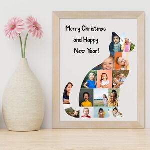 Puede incluir: Un collage de fotos de niños enmarcado en forma de gato. El texto "Feliz Navidad y Feliz Año Nuevo!" está impreso en la parte superior del marco.