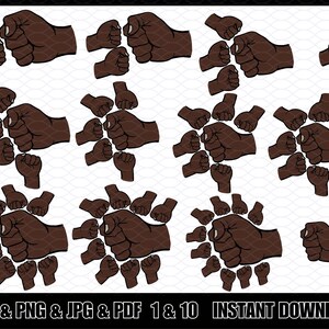 Op de afbeelding: Een digitale download van 10 SVG-bestanden met een zwart vuistontwerp in verschillende configuraties. De vuistontwerpen zijn perfect voor het maken van knutselwerk, T-shirts en andere projecten.