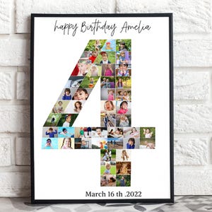 Puede incluir: Un collage de fotos enmarcado con las palabras "happy Birthday Amelia" en la parte superior. El número "4" está lleno de varias fotos pequeñas. La fecha "March 16th .2022" está en la parte inferior.