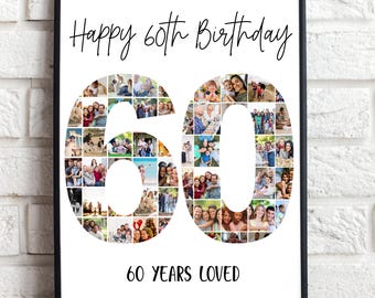 60th Birthday Photo Collage Canva Template – Custom Number 60 Collage, Personalized 60th Birthday Gift, Canva Editable Template