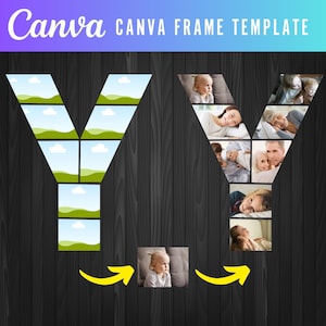 May include: A photo frame template in the shape of the letter Y. The frame is made up of 12 individual photo spaces. The template is on a dark wood background. The template is perfect for displaying photos of family and friends.