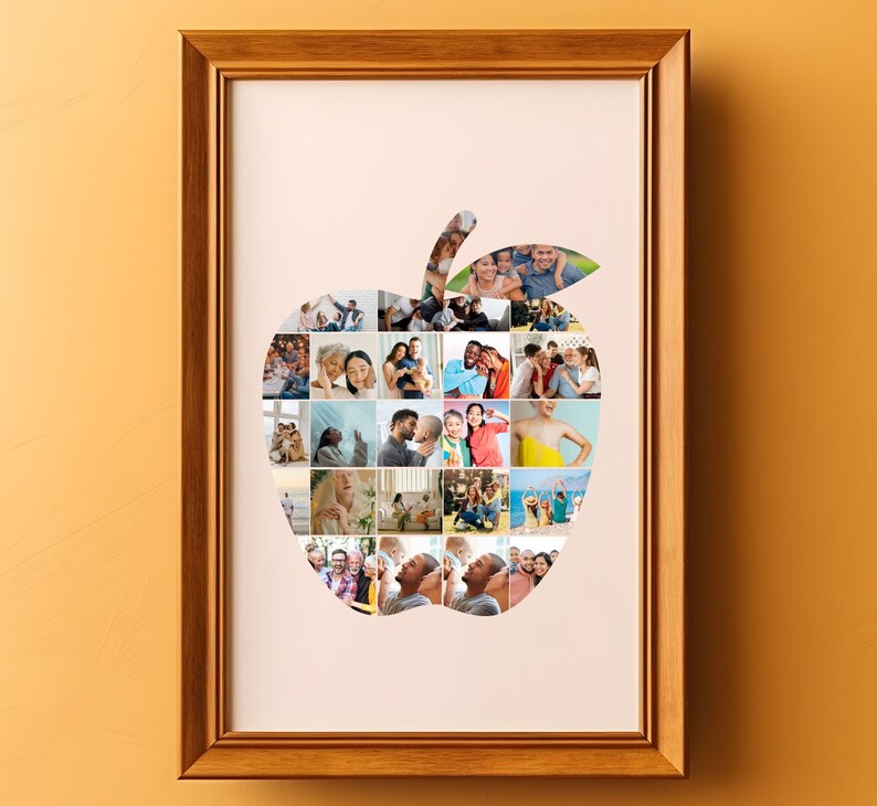 Op de afbeelding: Een ingelijste fotocollage in de vorm van een appel, met een verscheidenheid aan foto's van mensen, waarvan er veel lachen en glimlachen. De foto's zijn in een rasterpatroon gerangschikt, en de lijst is van lichtbruin hout.