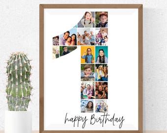 1歳の誕生日写真コラージュテンプレート、数字1のコラージュ、1歳の誕生日コラージュ、1歳の誕生日の記念品、数字コラージュ、Canvaテンプレート