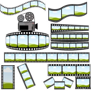 Op de afbeelding: Een illustratie met verschillende filmstrips en een vintage filmcamera. De filmstrips tonen een landschap met groene heuvels, blauwe luchten en witte wolken. De camera is grijs met zwarte details en filmrollen.