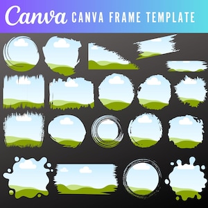 May include: A set of 18 Canva frame templates featuring a landscape scene with green hills, blue sky, and white clouds. The frames are in various shapes, including circles, squares, rectangles, and irregular shapes. The frames are perfect for adding a touch of nature to your designs.