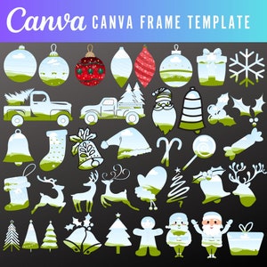 Peut inclure: Un ensemble de 30 modèles de cadres Canva sur le thème de Noël. Les cadres présentent diverses icônes de vacances, notamment un sapin de Noël, le Père Noël, un renne, une cloche, une chaussette, une canne en sucre, une boîte cadeau, un flocon de neige et un camion. Les cadres sont conçus pour être utilisés avec Canva, une plateforme de conception en ligne populaire.