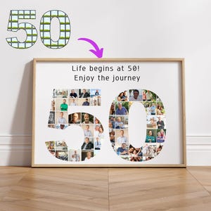 50th Birthday Photo Collage Template | Custom Number 50 Poster | Editable Canva Frame | Personalized Gift for Him/Her, Mom | Milestone Decor