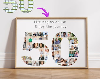 50th Birthday Photo Collage Template | Custom Number 50 Poster | Editable Canva Frame | Personalized Gift for Him/Her, Mom | Milestone Decor
