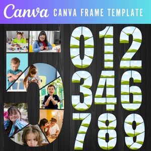 Canva Frames Templates, Plantilla Canva editable para un marco de collage de fotos numerado: 0-9, ideal para cumpleaños, aniversarios, 6 fotos