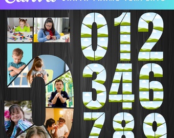 Canva Frames Templates , Editable Canva template for a numbered photo collage frame: 0-9, ideal for birthdays, anniversaries , 6 photos